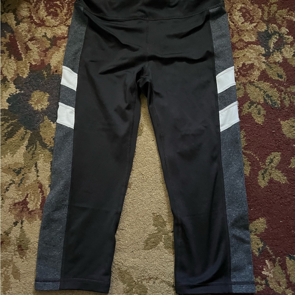Black and Gray Athletic Leggings with White Stripes